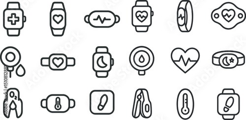 Wearable health device icons: fitness, heart rate, and vital monitoring symbols