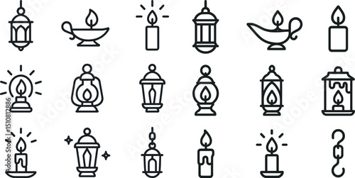 Collection of decorative candle and lantern icons for festive design