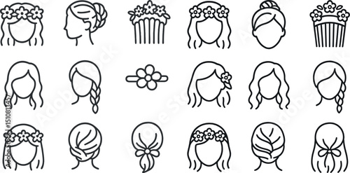 Collection of floral hair accessories and hairstyles for spring and summer designs