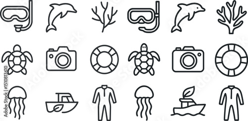Underwater adventure icons featuring sea life, snorkeling gear, and marine exploration