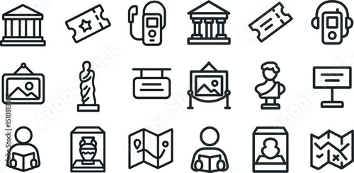 Museum icon set featuring tickets, audio guides, and art displays for design and events