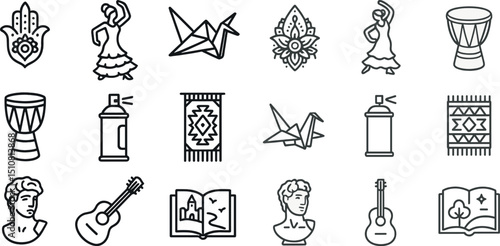 Cultural symbols and art icons featuring dance, music, and crafts
