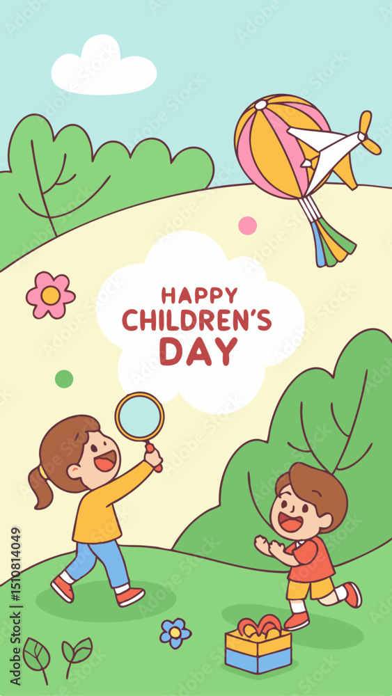 Fototapeta premium A cheerful fantasy-themed Children's Day illustration featuring two children playing ball in a flower-filled garden, with clouds, airplanes and trees in the background.