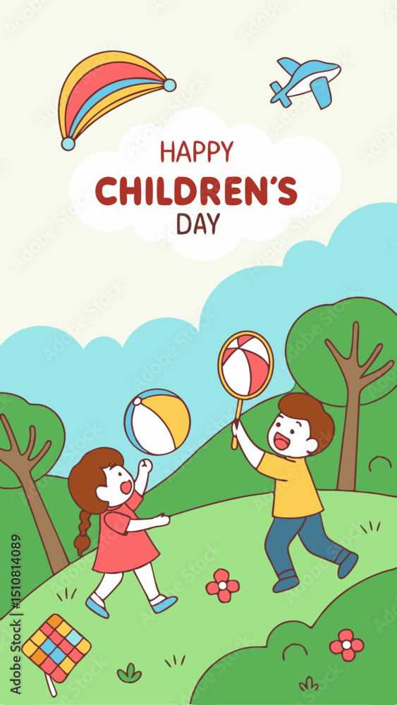 Fototapeta premium A cheerful fantasy-themed Children's Day illustration featuring two children playing ball in a flower-filled garden, with clouds, airplanes and trees in the background.