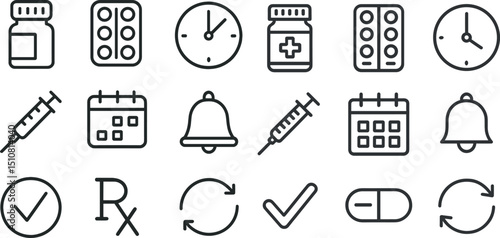 Medical and wellness icons: pills, syringes, clocks, calendars