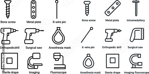 Surgical instruments and implants icons for medical design projects