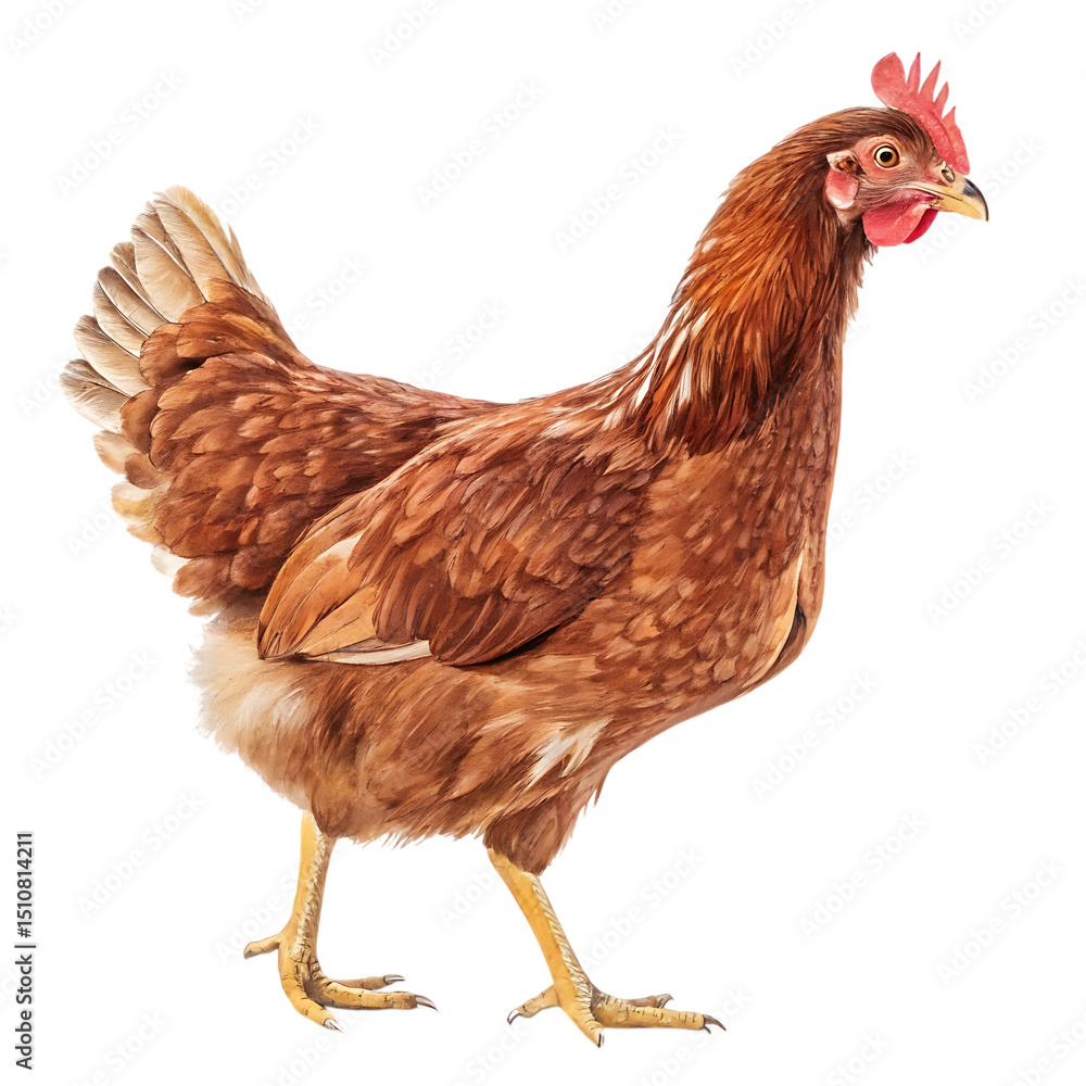 Fototapeta premium A Brown Chicken in its Natural Habitat With a Red Comb, isolated transparent background Png, AI Generative