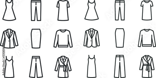 Minimalist outline icons of various clothing items for fashion design concepts