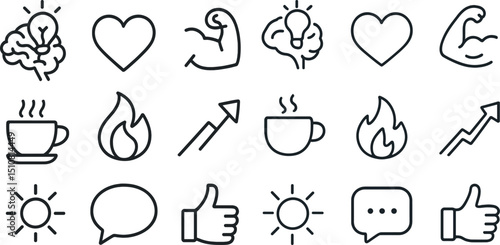Minimalist icons of heart, brain, coffee, and more for creative designs