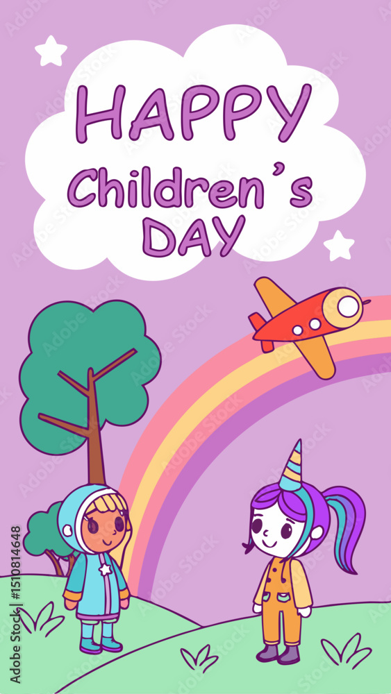 Fototapeta premium a cheerful fantasy-themed Children's Day illustration with two smiling children in colorful costumes, clouds, a rainbow arching in the sky, cute stars, trees and a flying plane