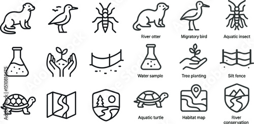 Environmental conservation icons for nature protection and wildlife awareness