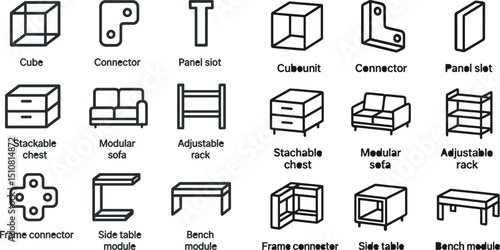 Modern furniture components and design elements for interior planning