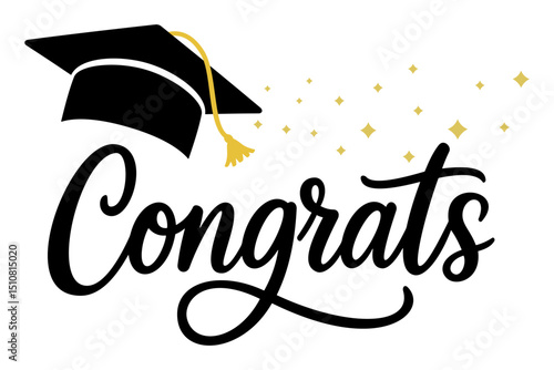 "Congratulations!" greeting sign. Congrats Graduated. Handwritten modern brush lettering with golden stars and academic cap. Text for card, T-shirt print, banner, poster. Isolated vector