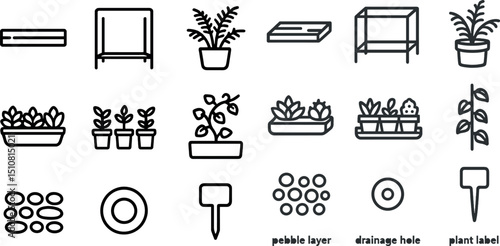 Gardening tools and plants line icons for horticulture design