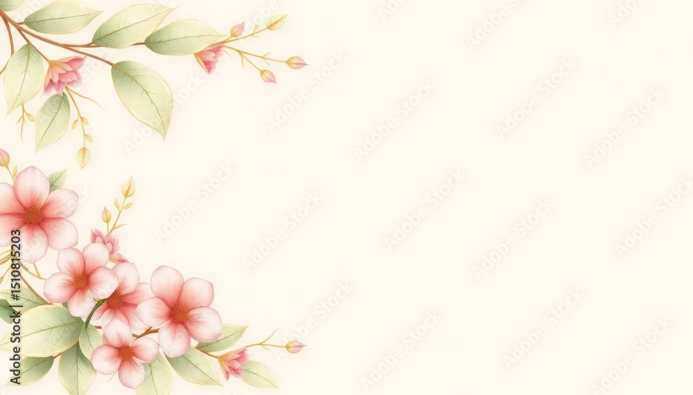 Naklejka premium Floral corner arrangement with pastel pink blossoms and pale green leaves