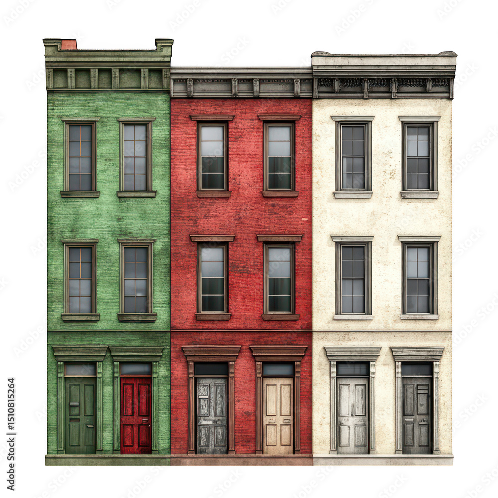 Fototapeta premium Three colorful townhouses isolated on transparent background
