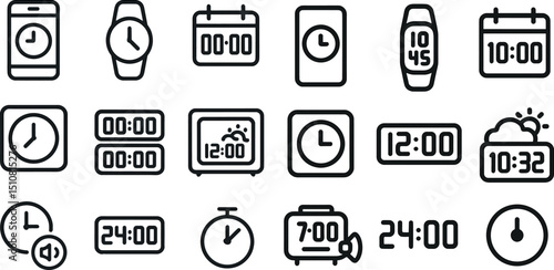 Collection of timekeeping icons featuring clocks and calendars for digital and print design