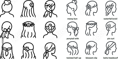 Stylish hair accessory and hairstyle icons for fashion design inspiration