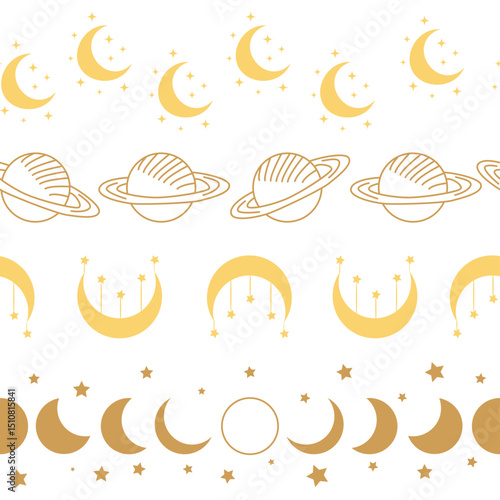 Horizontal border, set Magic and heavens seamless pattern, with magical elements Symbols of witchcraft theme