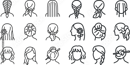Hairstyles collection featuring braids, buns, and ponytails for design inspiration