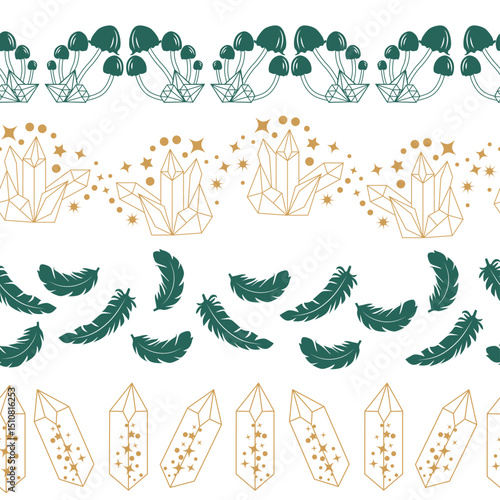 Horizontal border, set Magic and heavens seamless pattern, with magical elements Symbols of witchcraft theme