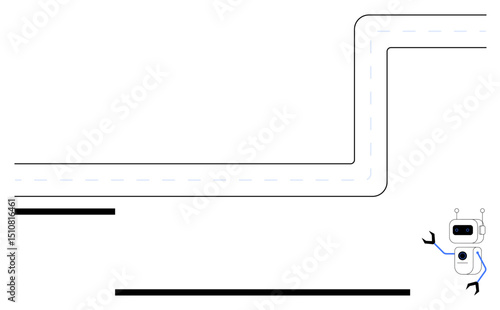 Robot with claw arms positioned beside a curved road with dashed lines and straight black bars. Ideal for automation, robotics, machine learning, AI processes, innovation, navigation, progress. Flat