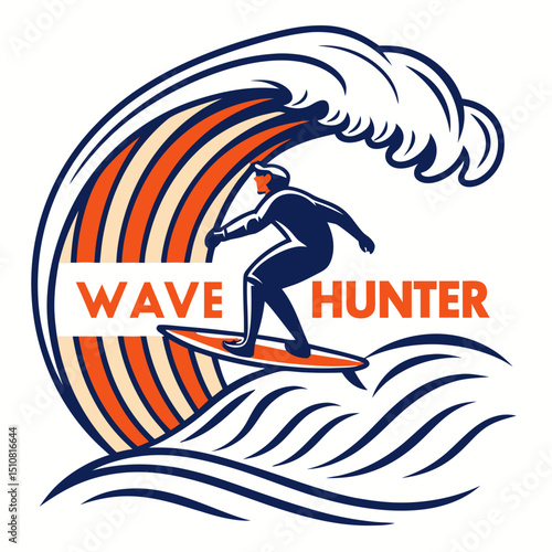 Retro Style Surfing Illustration with Wave Hunter Text and Surfer Silhouette