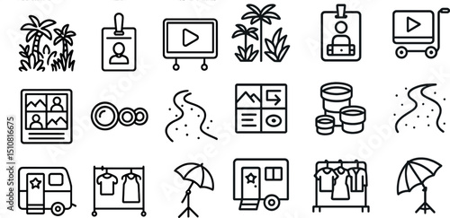 Set of camping, media, and travel icons for design and branding