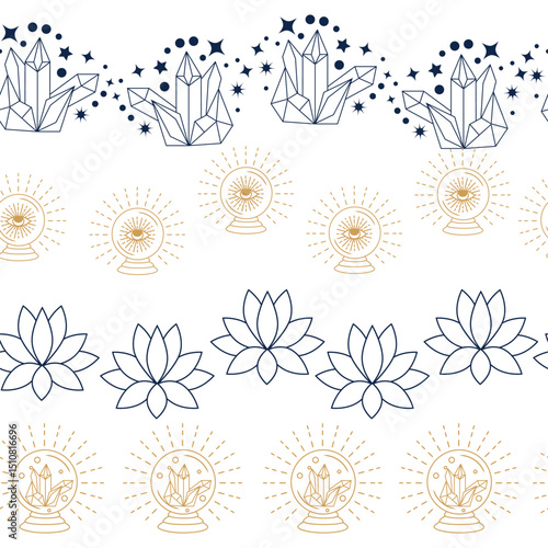 Horizontal border, set Magic and heavens seamless pattern, with magical elements Symbols of witchcraft theme