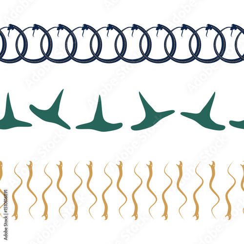 Horizontal border, set Magic and heavens seamless pattern, with magical elements Symbols of witchcraft theme