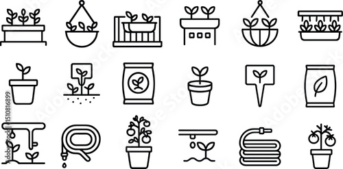 Minimalist gardening icons for plant care and landscaping design projects