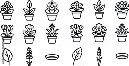 Collection of potted plant line icons for botanical design projects and decor