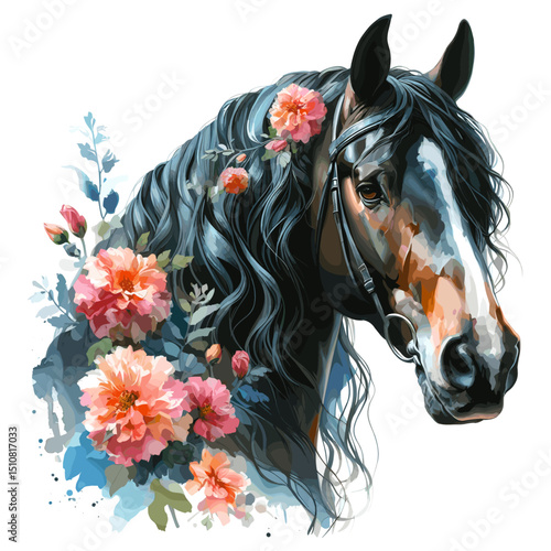 Horse head drawing. Portrait. Watercolor style. Isolated on a white background. Banner. Vector illustration, AI