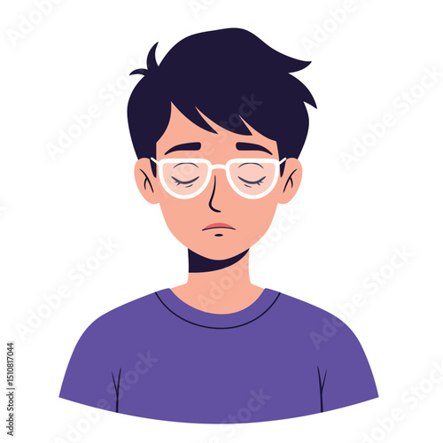 Sad Young Man with Glasses and Closed Eyes Expressing Feelings of Depression and Loneliness in a Flat Vector Style