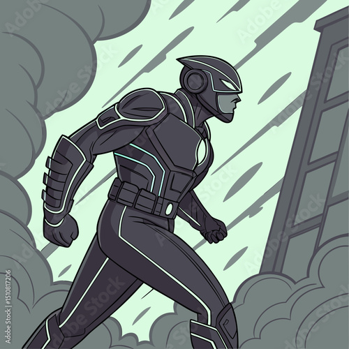 Dynamic Superhero Running Through Smoke in a Futuristic Cityscape Illustration
