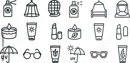 Summer skincare essentials and sun protection icons for design projects