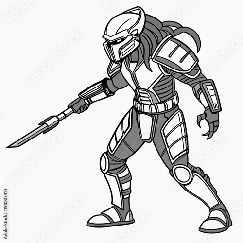 Alien Warrior in Armor Holding Sword Ready for Battle Illustration