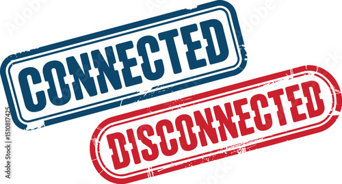 Two stamps showing connected in blue and disconnected in red on a white isolated background view