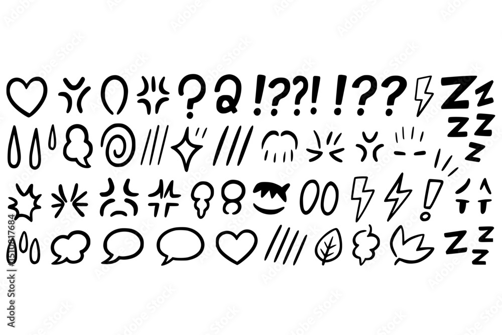 black-and-white manga character emotion symbols, used above or near heads in comics to express feelings. Include: Sweat drops (nervousness or confusion), Anger veins (stress marks), Popping forehead black-and-white manga character emotion symbols, used above or near heads in comics to express feelings. Include: Sweat drops (nervousness or confusion), Anger veins (stress marks), Popping forehead
