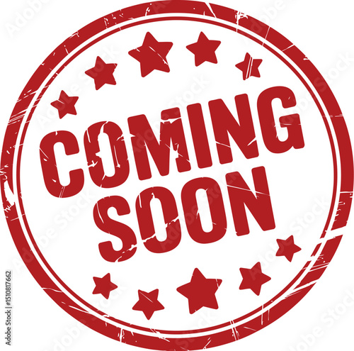 Red coming soon stamp with stars in a circle on a white background for announcements and promotions use