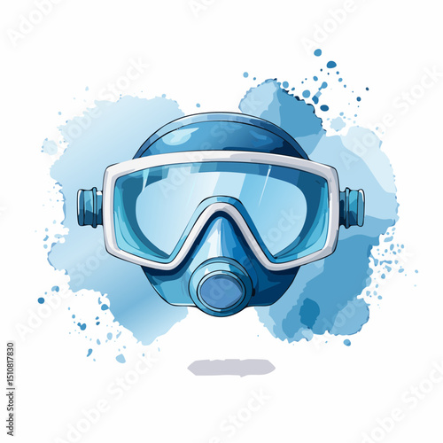 Blue Diving Mask Illustration on Watercolor Background