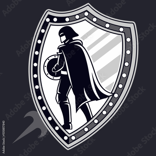 Monochrome Knight with Shield and Cape on Crest Shield Background