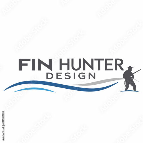 Fin Hunter Design Logo Featuring Fisherman Silhouette and Stylized Water Waves