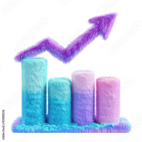 Fluffy furry bar graph chart with upward arrow isolated on transparent background