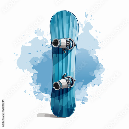 Blue Snowboard with Bindings on Watercolor Background