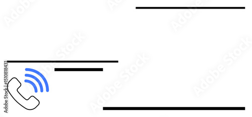 Telephone handset emitting blue sound waves alongside simple black lines. Ideal for communication, connection, technology, mobile services, customer support, signal, networking. A flat simple