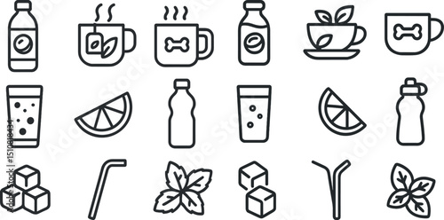 Beverage icons set featuring tea and juice with mint and lemon elements