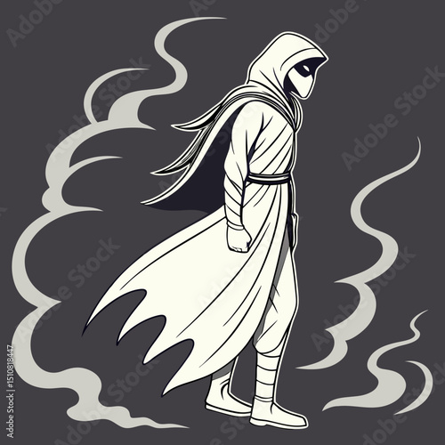 Mysterious hooded figure in a cloak surrounded by smoke vector illustration