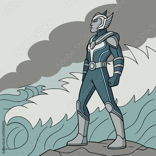 Cartoon Superhero Standing on Rocks with Waves and Stormy Clouds Behind