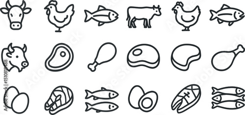 Farm animal and food icon set for cooking and menu design